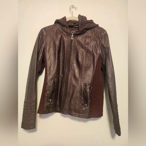 Burgundy Brown Leather Jacket with Hood